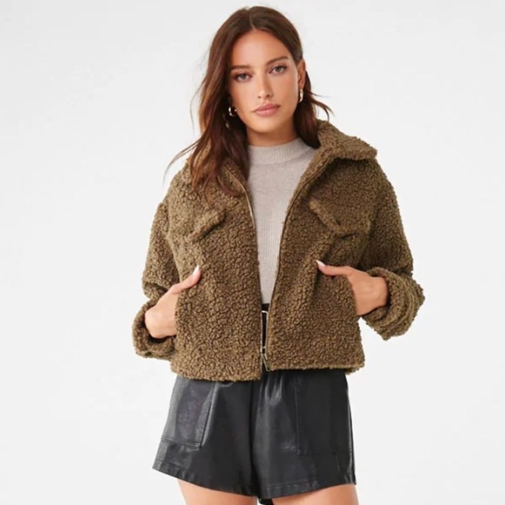 Boucle Knit Teddy Zip-Up Jacket Olive NEW